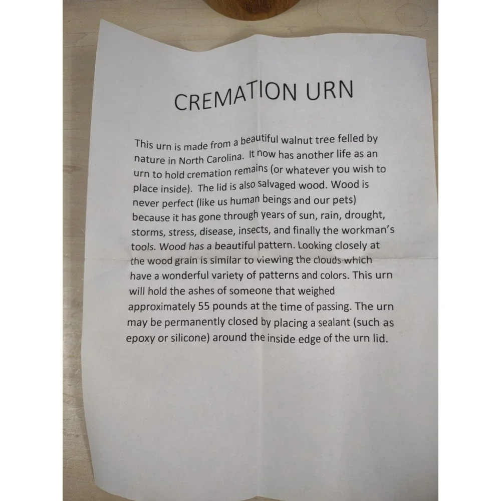 Dark Walnut Wood Urn For Cremation Natural Turned Wood NC Info Paper 9.5